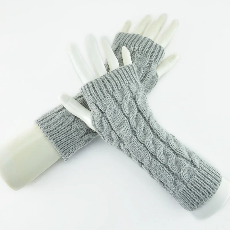 light gray Зимняя грелка для рук, перчатки для женщин, вязанные крючком, искусственные шерстяные варежки, теплые перчатки без пальцев - Цвет: light gray