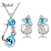 fashion pretty cat pendant necklace jewelry sets austrian crystal pendant necklace earrings set
