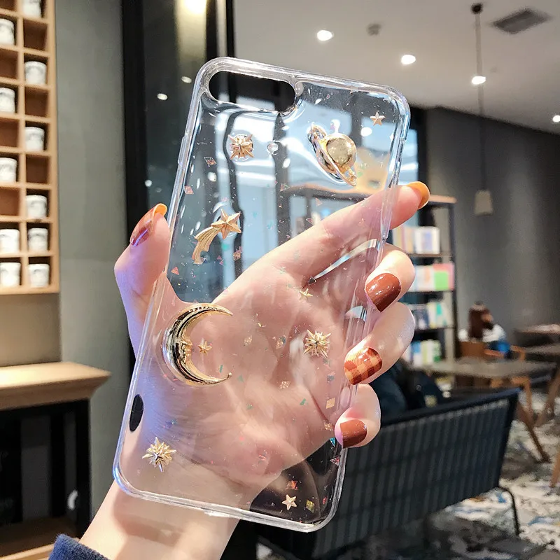Silicone Planet Star Sequin Phone Case For iPhone X XS Max XR Gold Moon Decor 7 6S 6 8 Plus Cover Fundas |