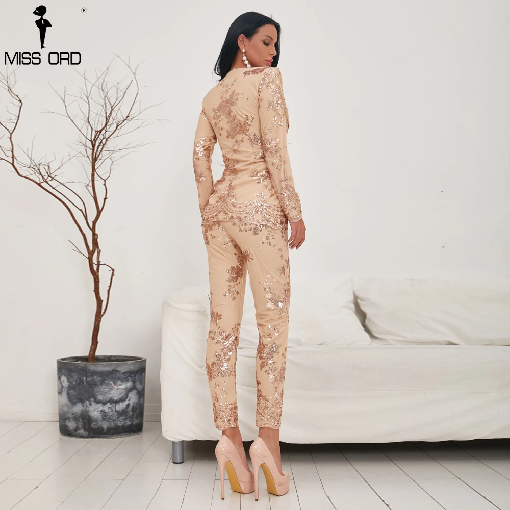 

Missord 2021 Sexy Long Sleeve Button Two Pcs Sets sequin long pants Solid Color Elegant Retro Playsuit FT18454