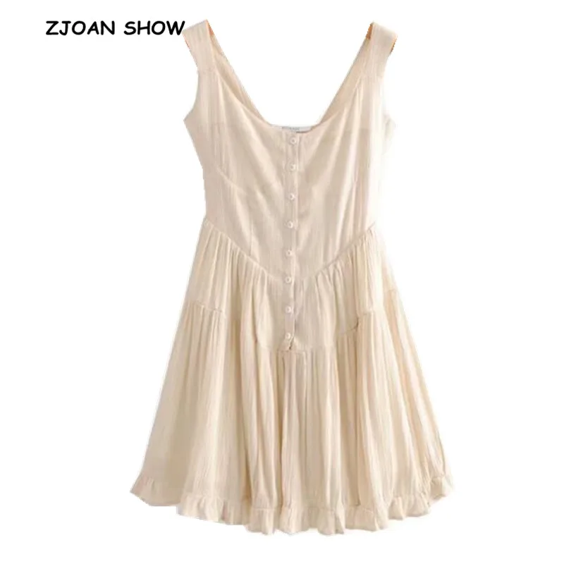 

Vintage Button O neck Women Sleeveless Mini Dress Sexy Spliced Wood Ear Ruffles hem Pleated Short Dresses Femme Vestido