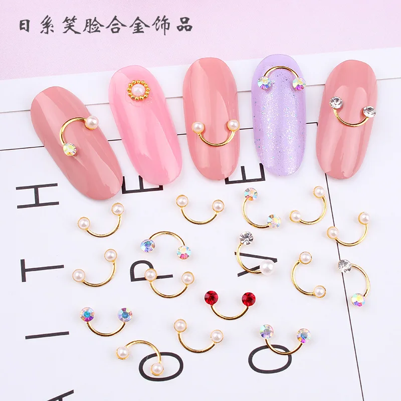 10Pcs 6 colors nail jewelry Japanese explosions rivet diamonds pearl smiley gold bars bent rods accessories | Красота и здоровье