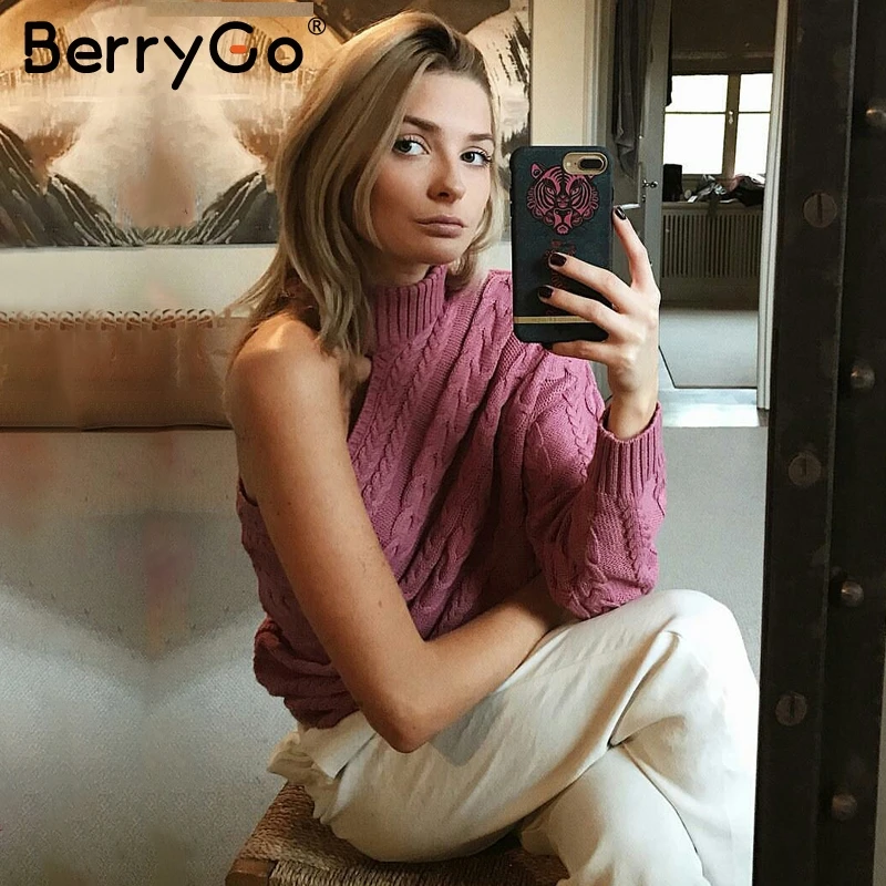 BerryGo One shoulder white turtleneck knit sweater female Fashion long sleeve casual pullover Women 2018 autumn winter jumper | Женская