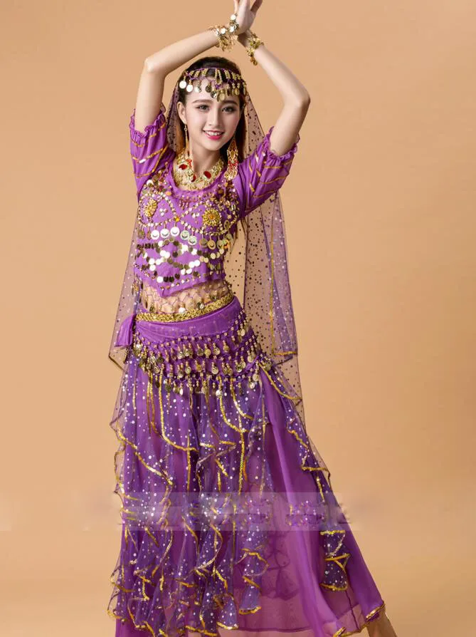 Танец живота Костюм Болливуд Костюм Индийский Платье Танец Живота Платье Женщин Танец Живота Костюм Устанавливает костюм для восточных танцев для женщин - Цвет: purple 4 pcs