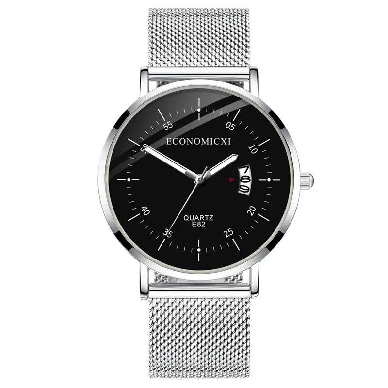 SilverBlack Кварцевые модные повседневные часы Простой дизайн светящиеся мужские часы с сетчатым РЕМЕШКОМ НАРУЧНЫЕ часы Relogio Masculino современный подарок - Цвет: SilverBlack