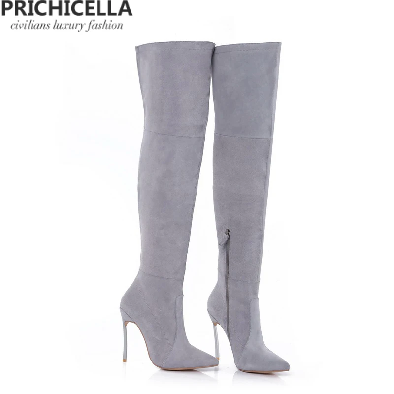 PRICHICELLA 8 см 10 см серый натуральная кожа сапоги выше колена высокие ботинки size34-42