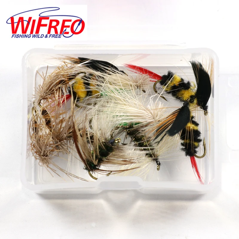 Wifreo 12 шт./кор. нахлыстом, летающая приманка набор "шмель", "+ Caddis цвета: зеленый, коричневый+ комаров комара мухи форель летучей рыбы приманки#12 крюк