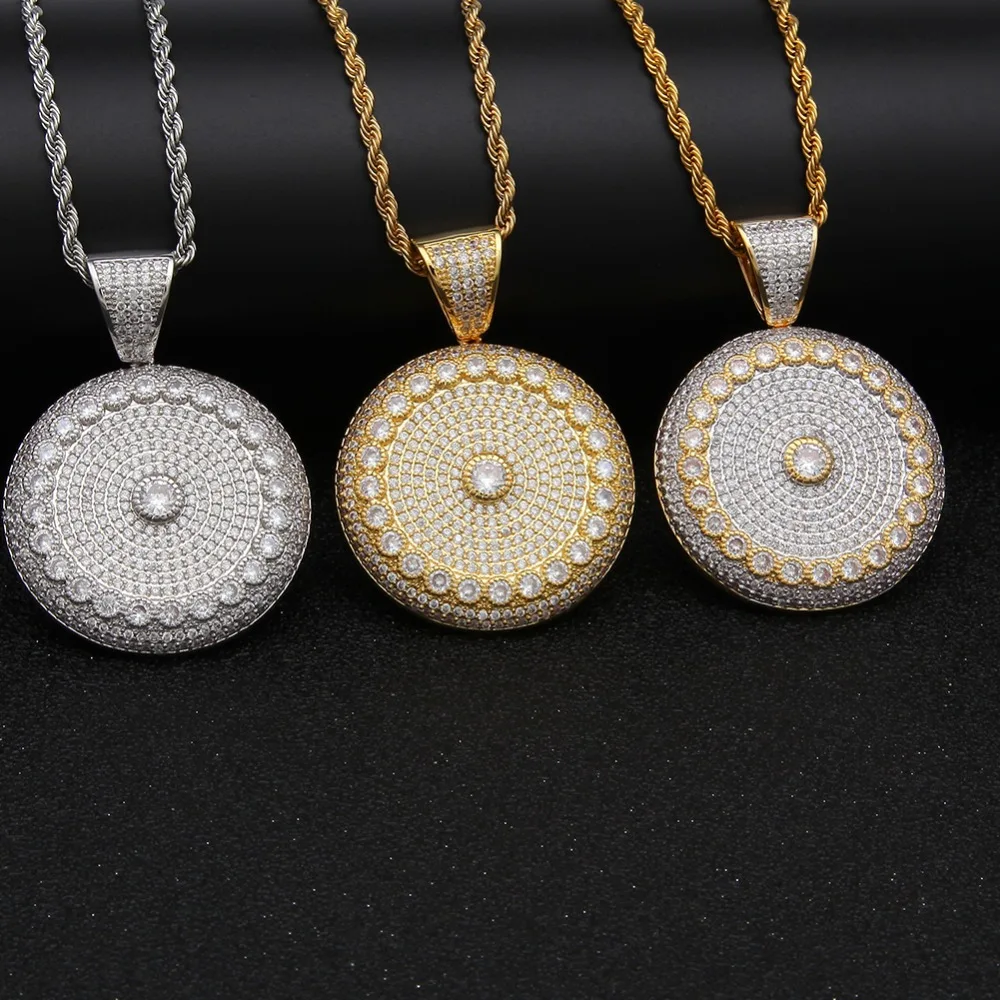 TBTK Round Shape Beautiful Pendant Circle Flower Pattern Paved Crystal Shining Zircon Simple Hiphop Style Jewelry Man | Украшения и