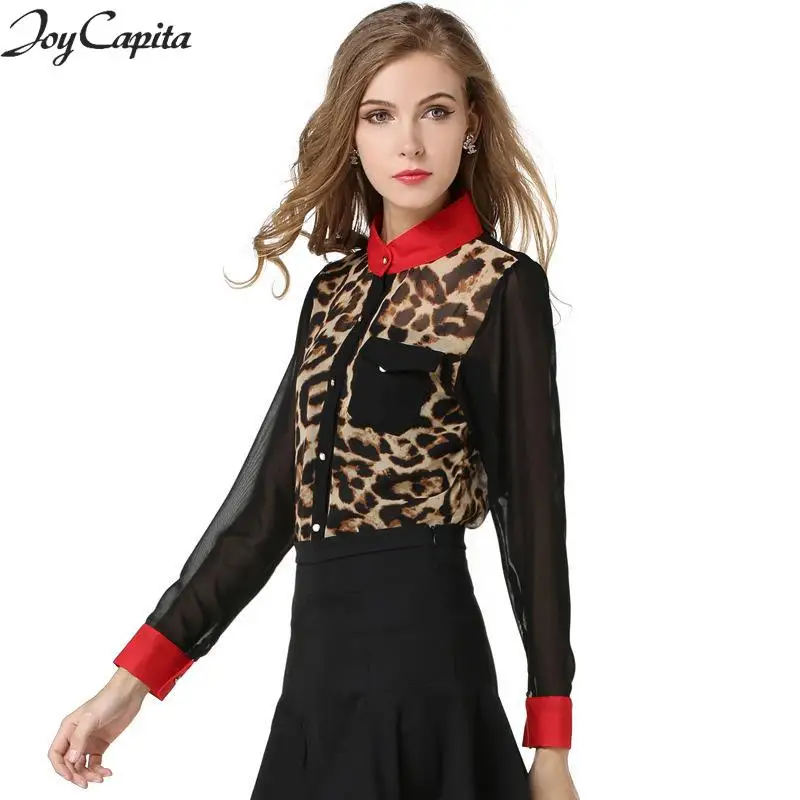 Радость На Душу Населения 2017 Лоскутное Леопарда Женщин Блузки Красный отложным