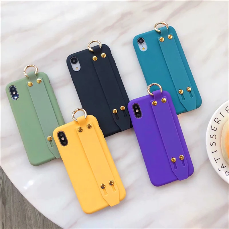 Для iPhone 6, 6 S, 7, 8 Plus, простой карамельный цвет, ремешок на запястье, держатель, мягкий силиконовый чехол для iPhone X, XR, XS, MAX, однотонный чехол