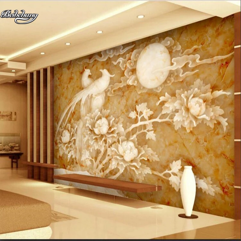 Обои для телевизора с тиснением Феникс пион мраморный фон на заказ большой fresco