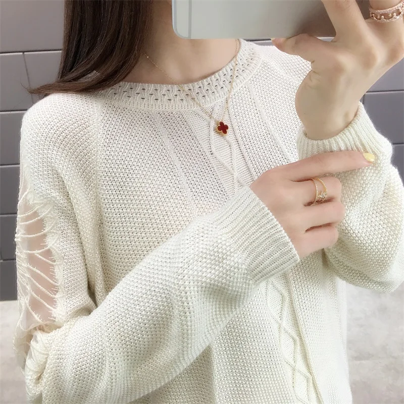 2020 (had 1 ranked no. 3) spring new round collar sweater clip bright silk raglan sleeve lace embroidery ladies' 44 | Женская одежда