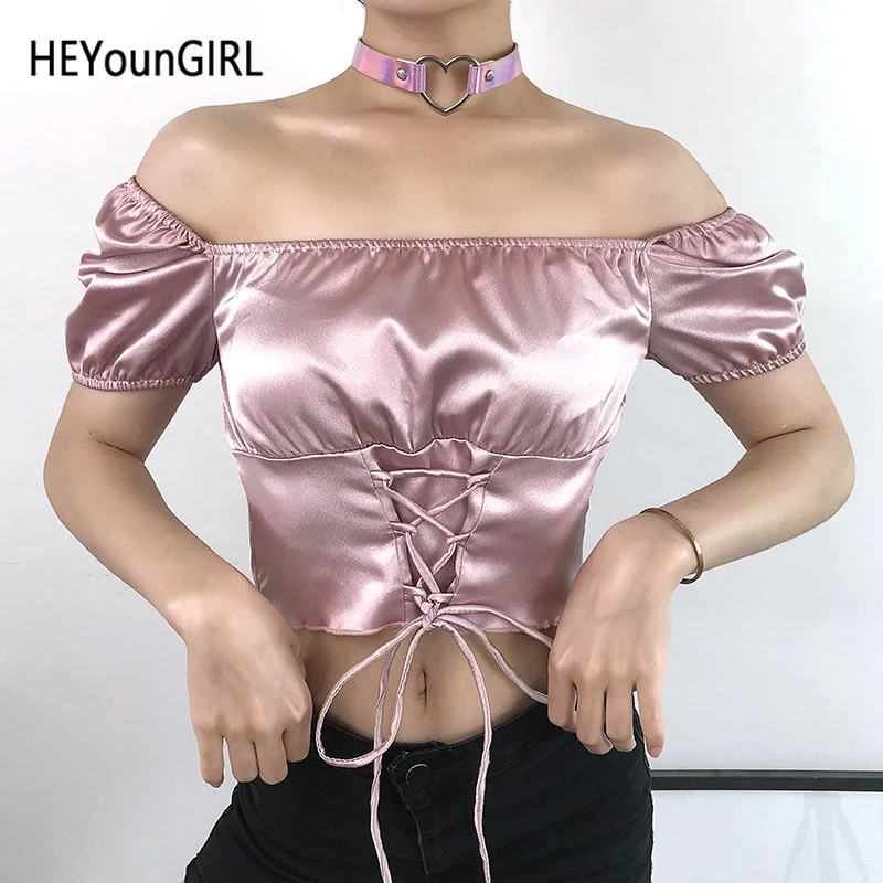 HEYounGIRL, короткий рукав, атласная, Винтажная футболка, женская, бандаж, открытая спина, Повседневный, короткий топ, футболка, элегантная, футболка, женская, лето