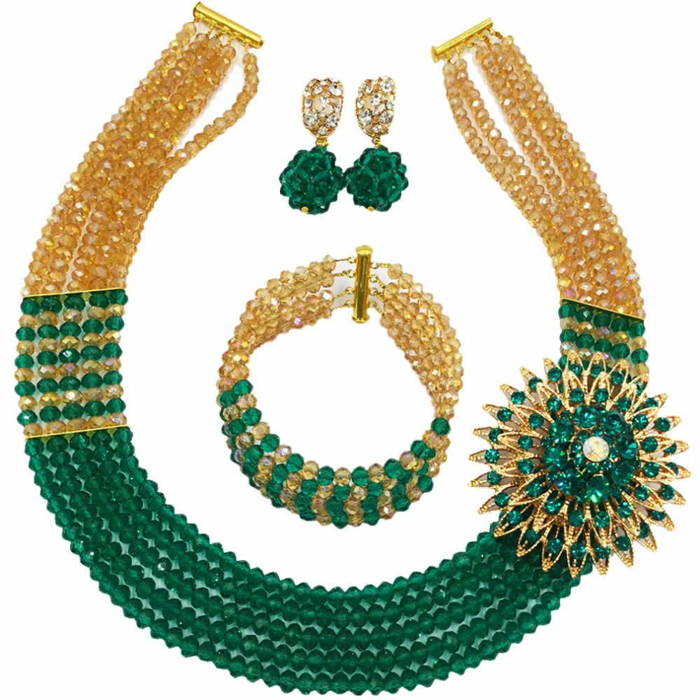 Gold AB Tearl Green Army Crystal Beaded Necklace Nigerian Wedding African Beads Jewelry Set for Women Girls 5L-SXJB001 | Украшения и