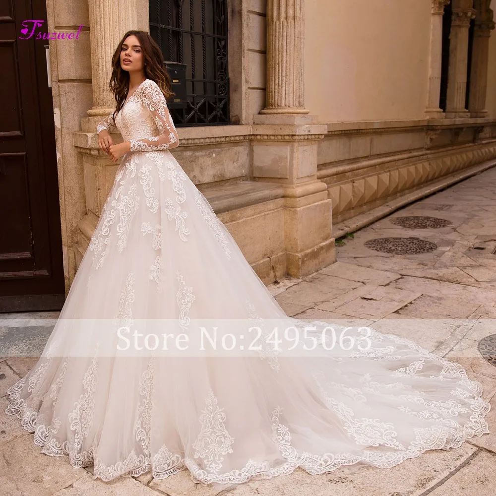 Fsuzwel Vestido de Noiva Свадебные платья трапециевидной формы с длинным рукавом и аппликацией сексуальное свадебное платье принцессы с v-образным вырезом на шнуровке размера плюс