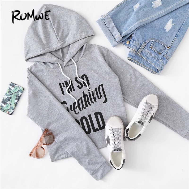 ROMWE Slogan Print серый толстовки письмо печати Для женщин Графический краткое худи карман Толстовка новые осенние толстовки с длинными рукавами
