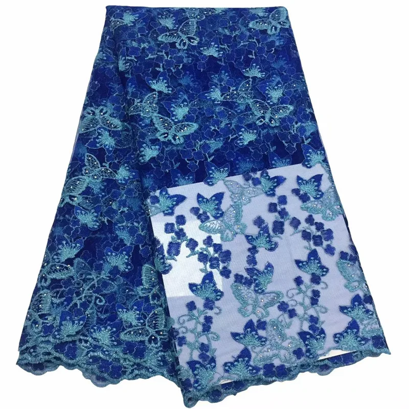 Новейшая синяя африканская кружевная ткань 3D рисунок бабочки высокого качества