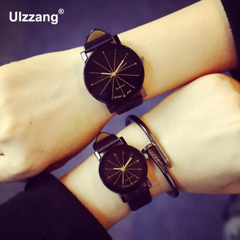 2018 модные простые черные кожаные аналоговые наручные часы с кристаллами для