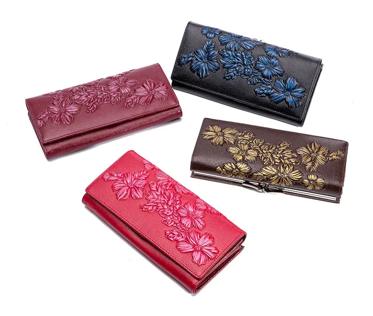 

JOYHO Genuine Leather Women Wallets Embossed Floral Long Purses Female Card Holder Wallet Luxury Leather Hasp Clutch Purse