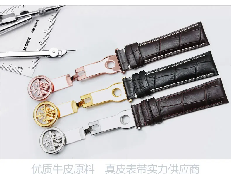 Кожаный ремешок подходит для наручных часов patek Philips, цепочка для часов из коровьей кожи, складывающаяся кнопка из розового золота, 19 20 22 мм