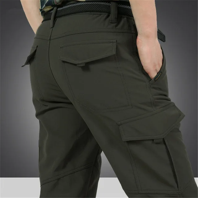 Army Green Men's Fleece Tactical Pants Winter Warm Military Cargo Pant Men Casual Shark Skin Soft Shell Work Trousers Waterproof Sweatpants - Color: Army Green