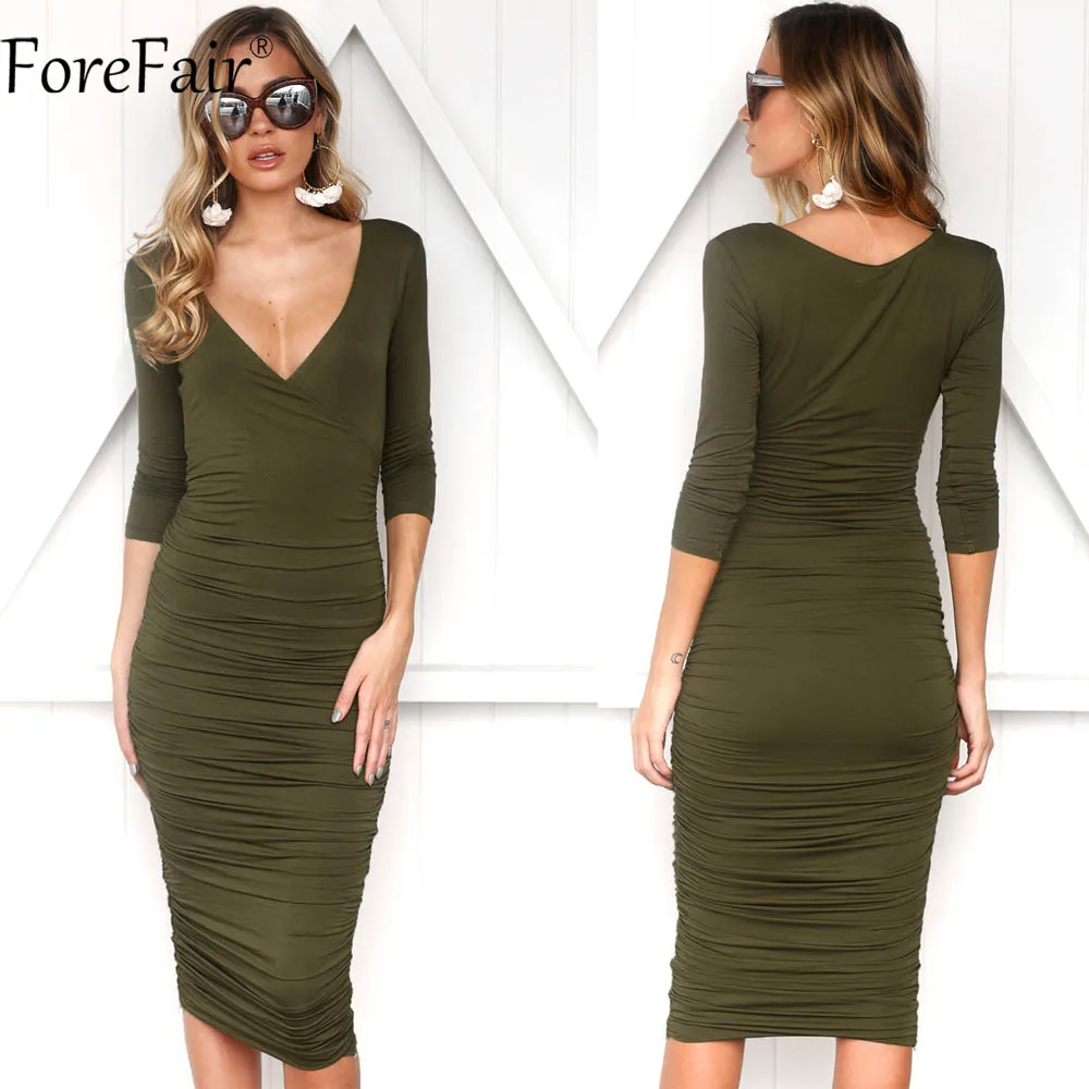 ForeFair, 3/4 рукав, Осеннее сексуальное платье с рюшами, женские вечерние платья с v-образным вырезом, зимнее женское облегающее платье миди размера плюс - Цвет: Армейский зеленый