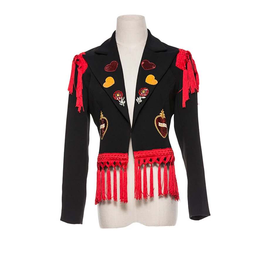 

High Street Jackets New Fashion Women Patchwork Sequined Diamonds Tassel Black Hot Sale Top Grade Slim Jacket