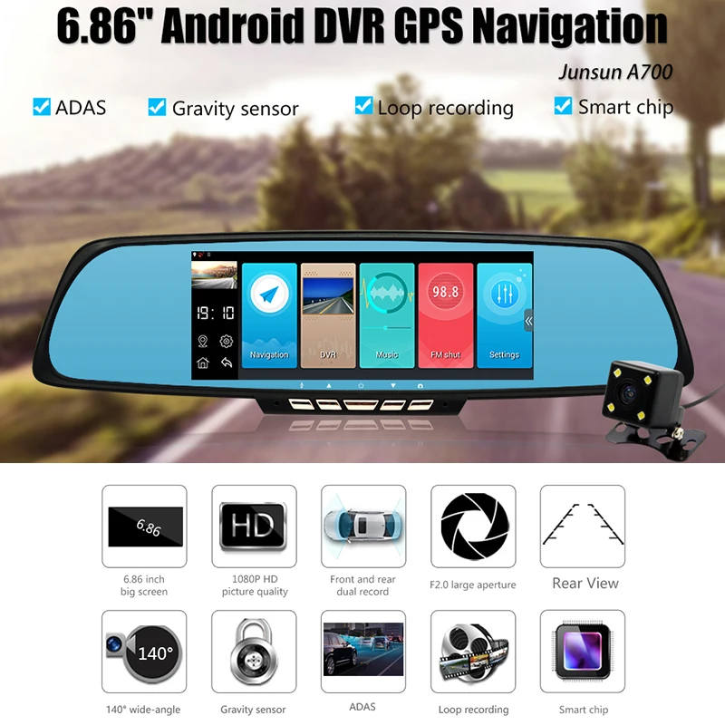 Junsun 6.86 &quotАвтомобильные видеорегистраторы ADAS зеркало заднего вида с DVR и