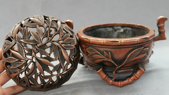 wholesale factory 9&quot Chinese Red Bronze Buddhist Bamboo Pole Leaf Statue Box Incense Burner Censer | Дом и сад