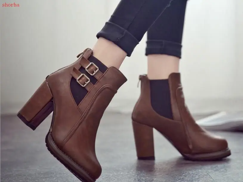 Autumn Buckle classic large size Women Boot Autumn spring Short shoes Women High Heel Shoes women Boots Women Ankle Boots Black