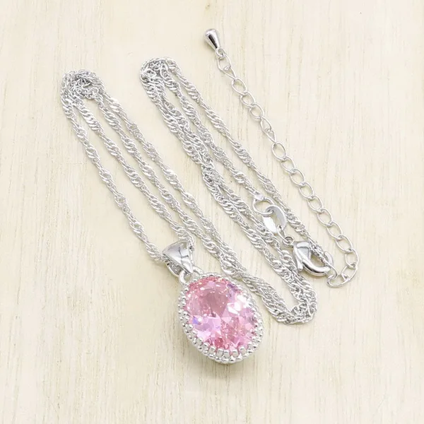 Pink with chain Blue White Opal Green Pink Zirocnia 925 Silver Necklace Pendant For Women 4 colors Gift Jewelry - Окраска металла: Pink with chain