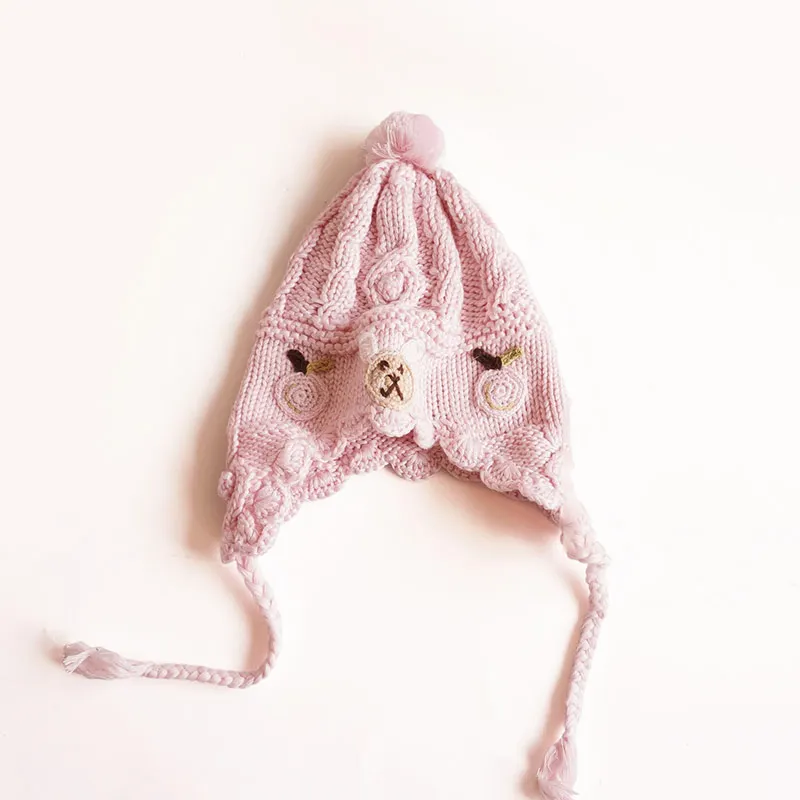 Cotton Knit Baby Girl Hat Sweet Princess Pink Earflap Cap Crocheted Autumn Winter Warm Bonnet With Cute Pompom Lovely Pattern | Детская