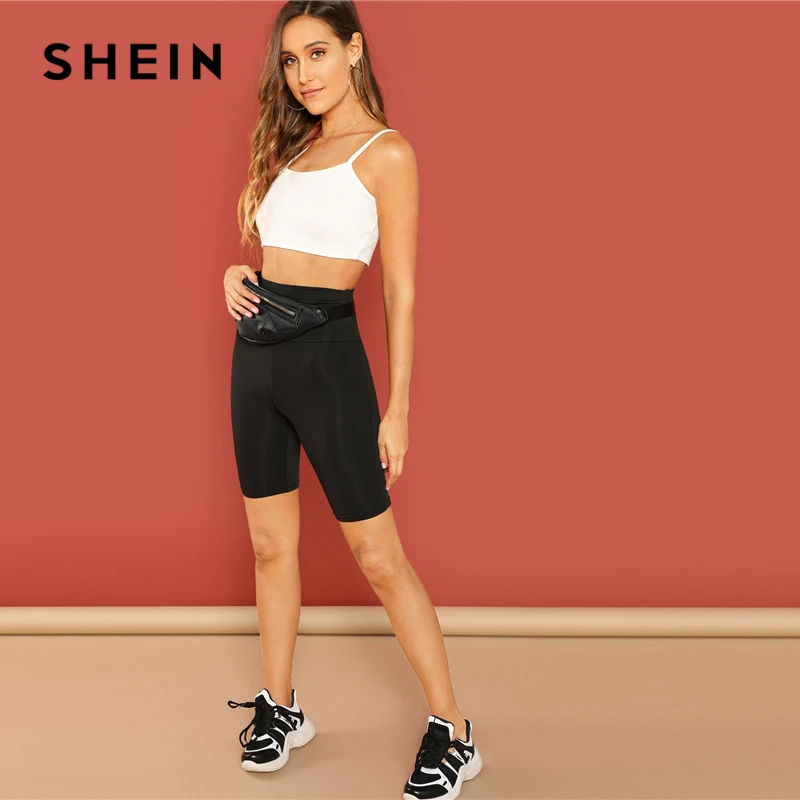 

SHEIN Black Casual Solid Crop Wide Waistband Cycling Short Leggings Summer Modern Lady Women Pants Trousers