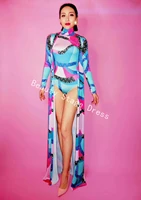 womens fashion rhinestones bodysuit long coat colorful outfit female singer nightclub crystals costume dance jumpsuit