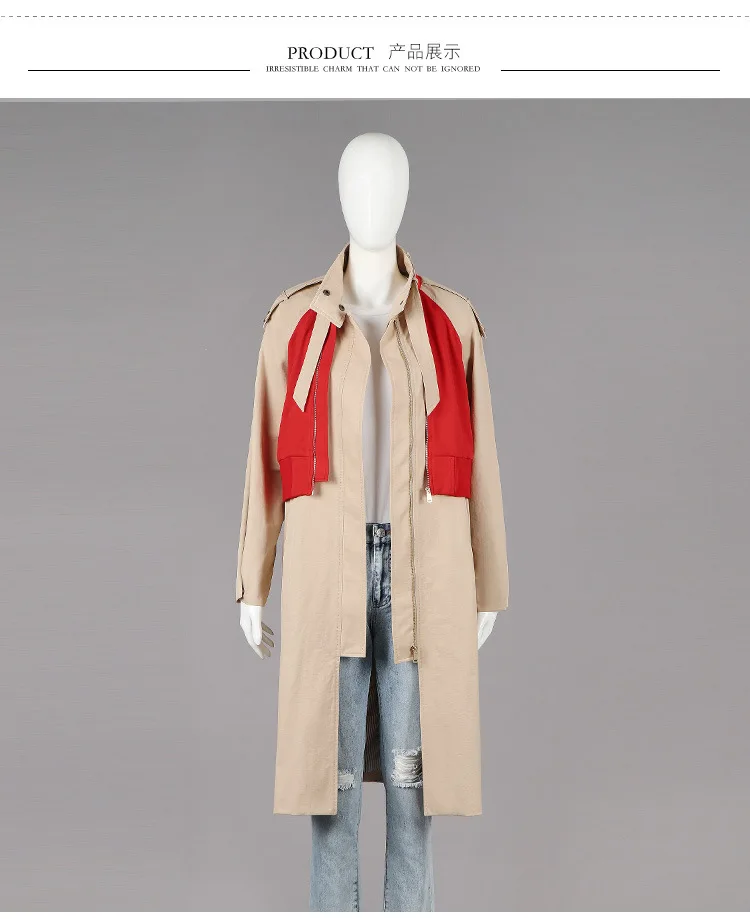 Faux two pieces fashion khaki patchwork windbreaker coat Womens Ankle-length Coat Trench Winter Fall Warm Overcoat