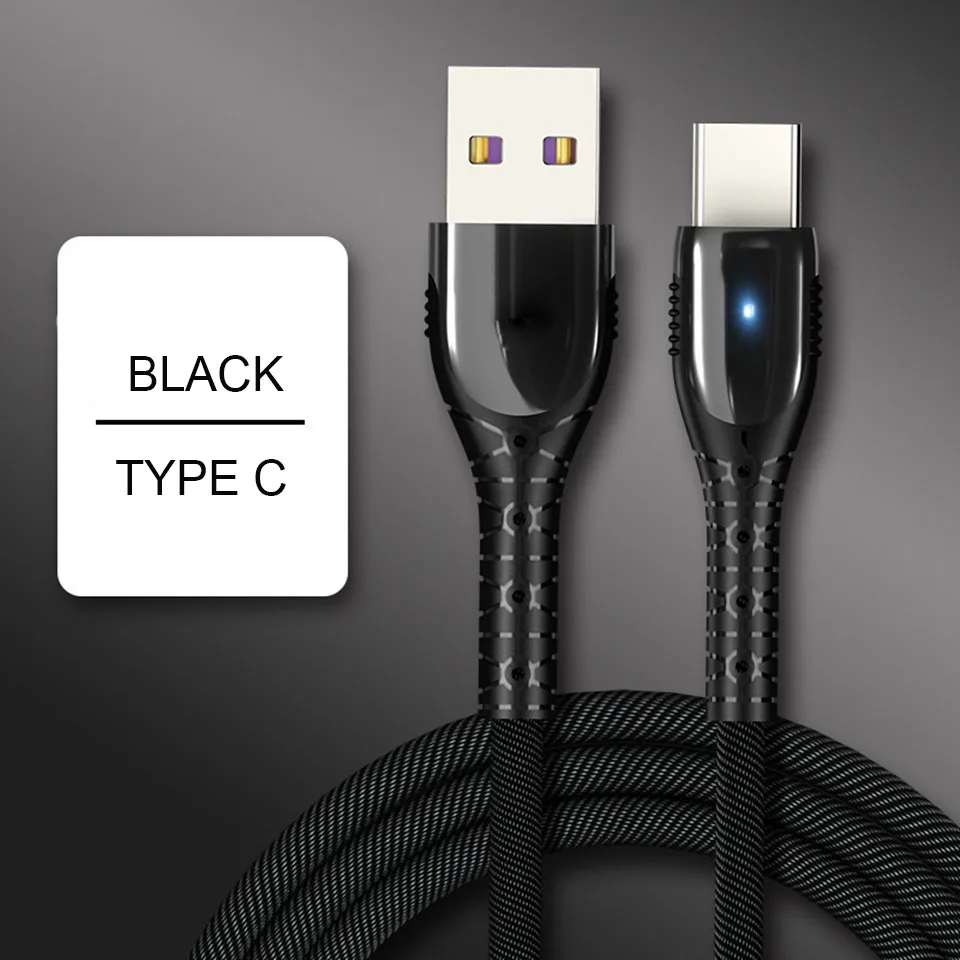 Black Светодиодный светильник USB кабель type C 5A Быстрая зарядка для huawei xiaomi samsung прочный Quick Charge QC 3,0 зарядный кабель джинсовая ткань - Цвет: Black