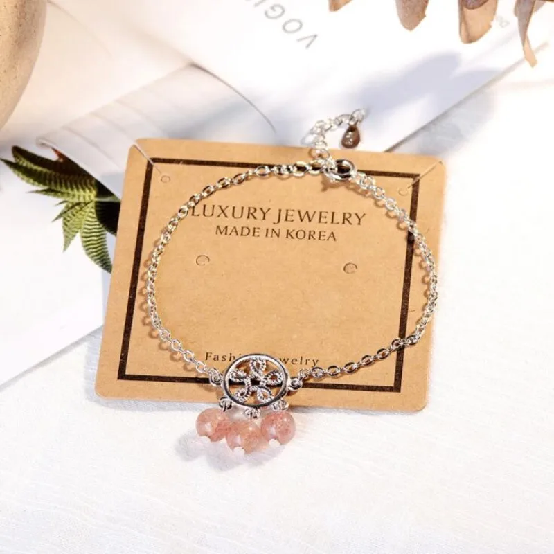 Natural Strawberry Fashion Exquisite 925 Sterling Silver Jewelry Female Pink Crystal Hollow Net Beautiful Bracelets SB108 | Украшения и