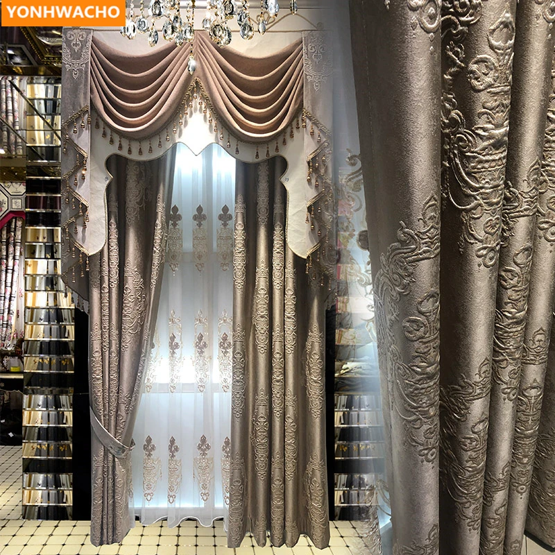 

Custom curtains European American coffee Damascus flower villa bedroom Jacquard cloth blackout curtain tulle valance drape B364