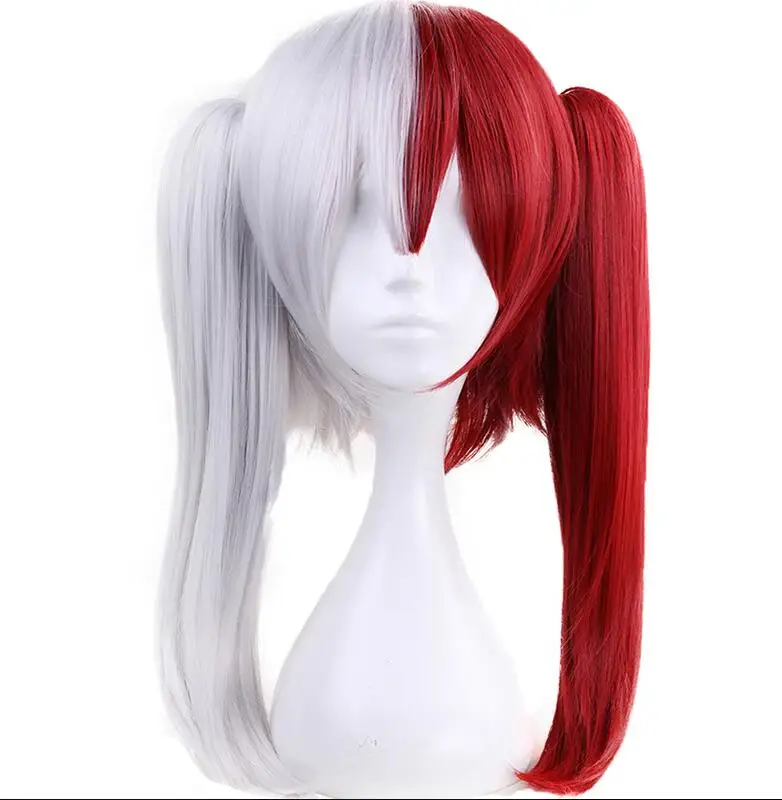 Многоцветный My Boku no Hero Academia Todoroki Shoto Long Natural Wave Double Ponytails Half White And Red Synthetic Cosplay Wig For Hallowee - Цвет: Многоцветный