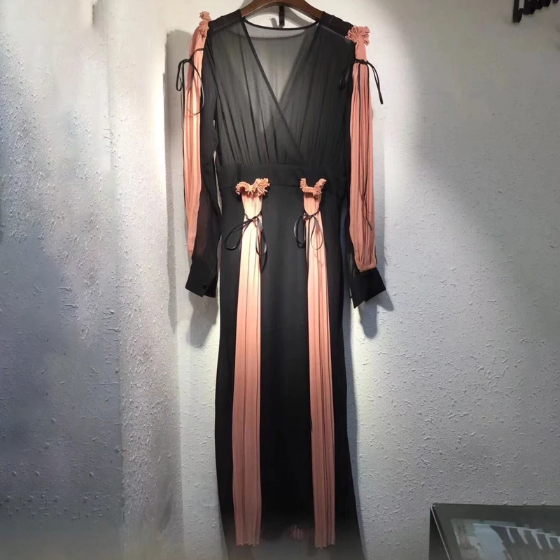 

2019 Limited Special Offer Polyester Full Vadim Dress Summer Dress Fashion Color Matching V-neck Lantern Sleeve Hit Maxi Female