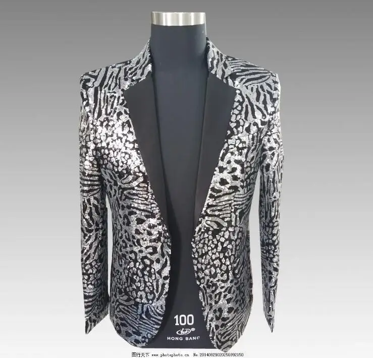 

Men's fashion Silver leopard sequins Slim personality Blazer uniform Fashion Punk Nightclub Bar DJ Singers Suit Costumes