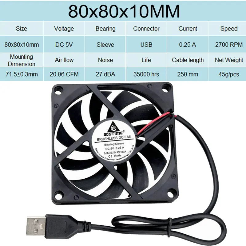 2 шт. в партии Gdstime 5 в USB разъем 80 мм x 10 мм 40 мм 50 мм 60 мм 80 мм 90 мм 120 мм 140 мм PC Вентилятор Кулер Радиатор вытяжной - Цвет лезвия: 80x10mm Sleeve USB