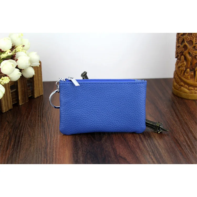 blue Кошелек для ключей из натуральной кожи конфетного цвета, маленький кошелек для монет, карман на молнии, логотип на заказ - Цвет: blue