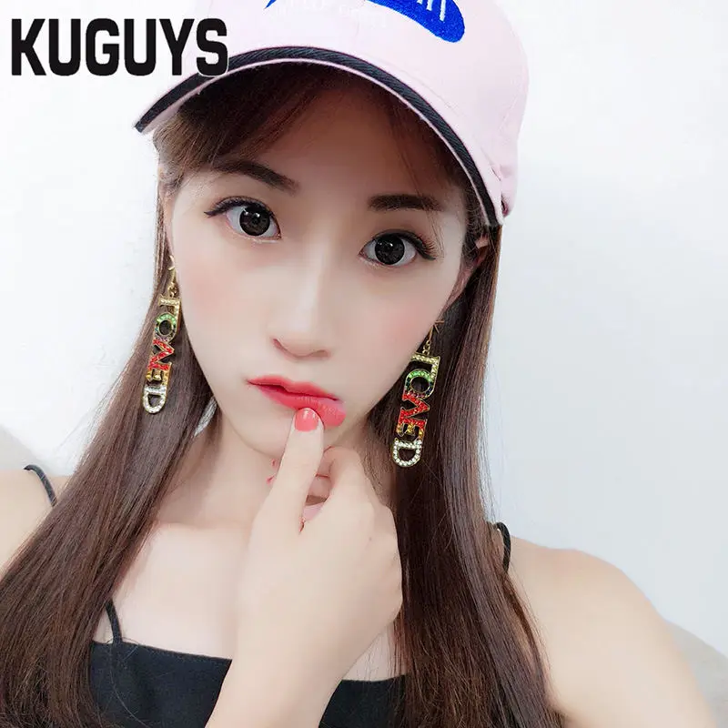 KUGUYS Ribbon Jewelry Womens HipHop Letter Long Dangle Earrings for Women Pendientes Crystals Star Drop Earring Brincos | Украшения и