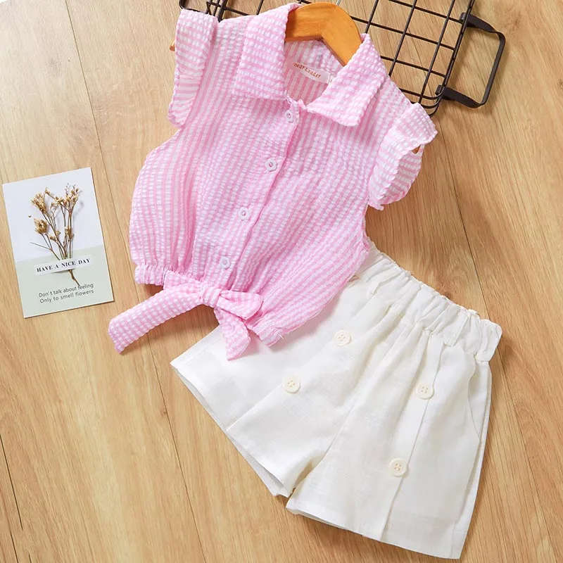 az835 Pink Keelorn/комплекты одежды для девочек Новинка года, летняя однотонная полая футболка без рукавов с капюшоном+ шорты для девочек Повседневный костюм из двух предметов - Цвет: az835 Pink