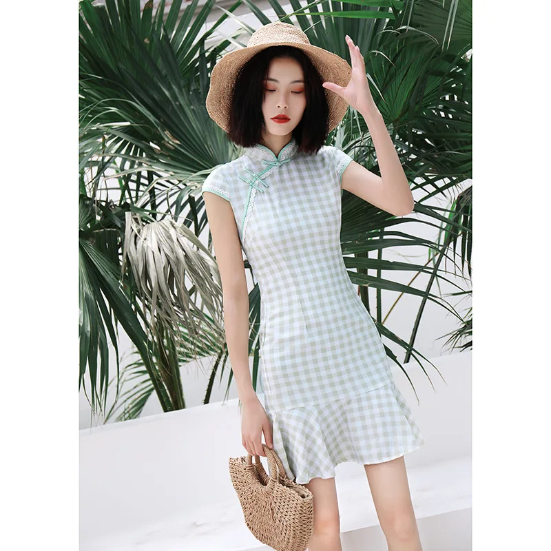 Летнее Хлопковое платье в полоску с винтажным рисунком русалки qipao для девочек