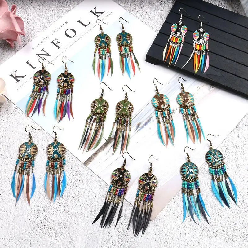 Женские серьги кольца с перьями 1 пара|Серьги-подвески| |