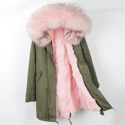 green pink C Зимняя женская куртка, пальто из натурального меха енота, воротник из кроличьего меха, Толстая теплая уличная одежда, бренд класса люкс, отстегивается - Цвет: green pink C