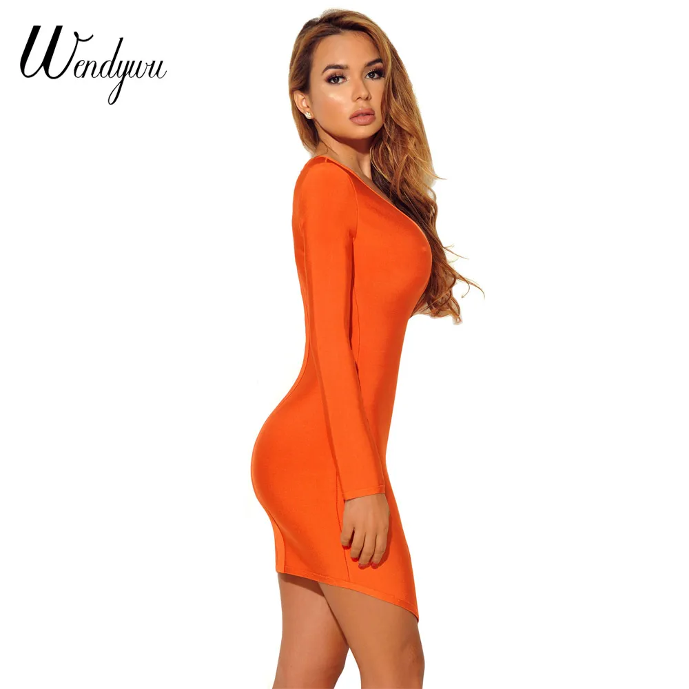 Wendywu новое модное сексуальное однотонное оранжевое облегающее мини платье с V