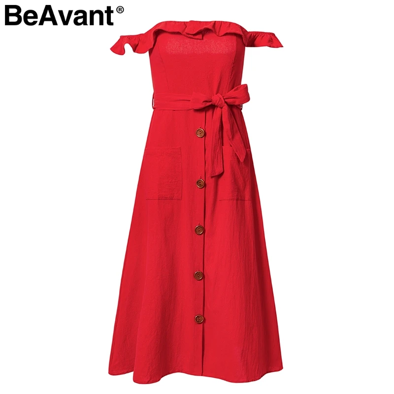 Red BeAvant летнее платье с открытыми плечами и рюшами, женское элегантное короткое платье с поясом и высокой талией, женские платья миди с карманами и пуговицами, vestidos - Цвет: Red